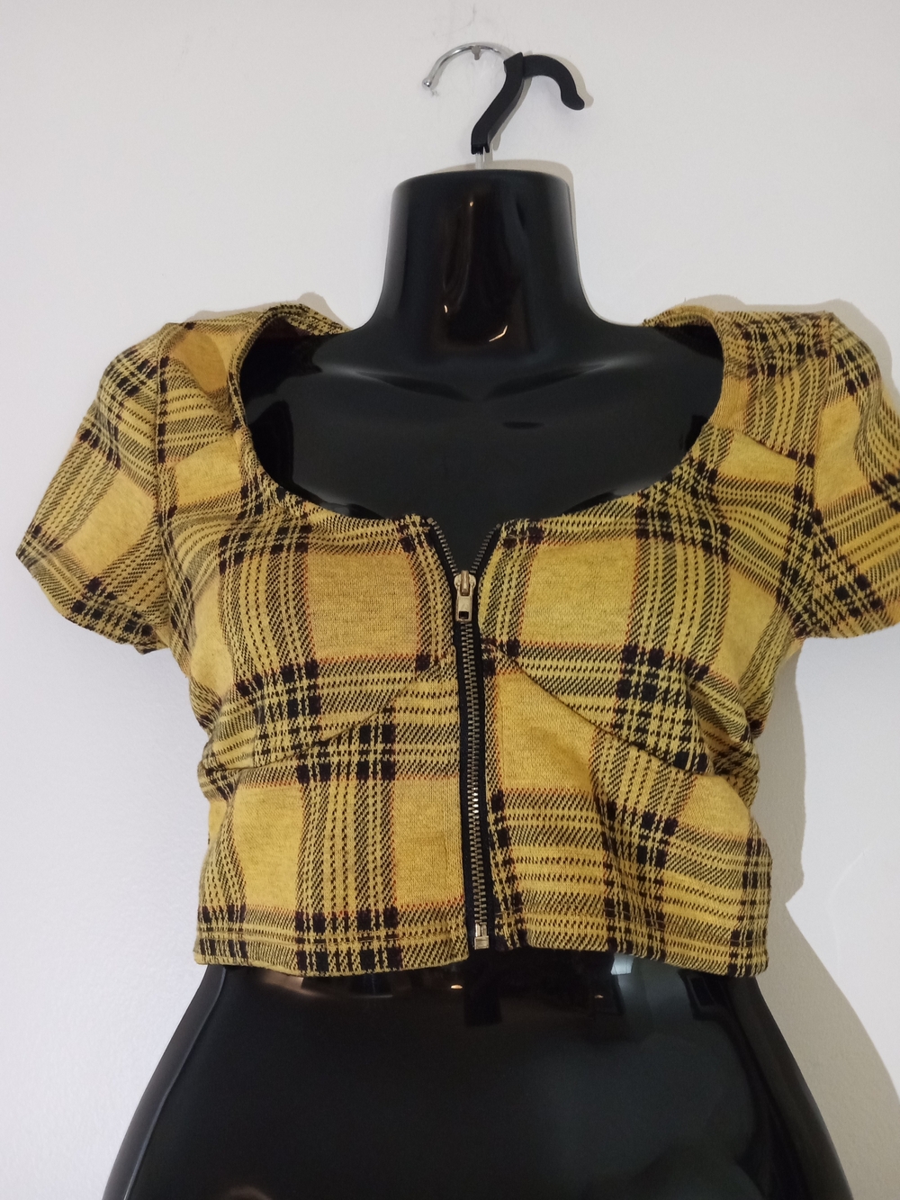 Yellow Plaid Zip Crop Top with Square Neck